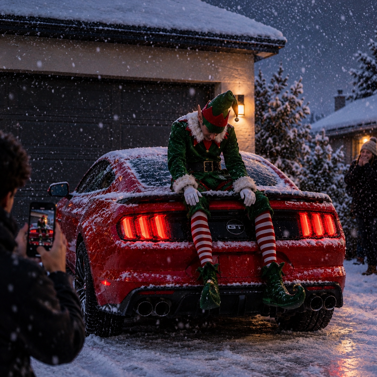 The Elf trunk rider sitting on a red car in the snow