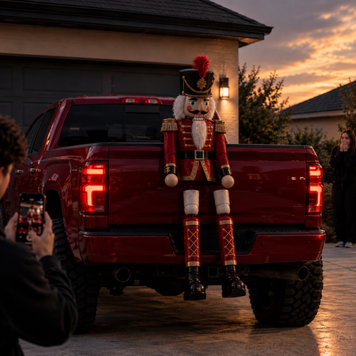 The Nutcracker trunk rider sitting on a red pickup truck at sunset